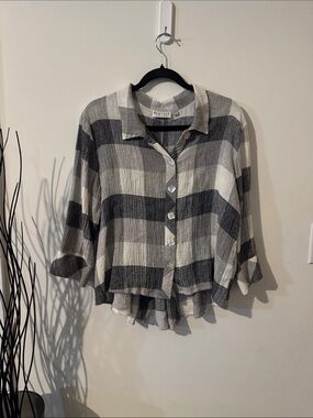 Habitat Black & White Plaid Button-Front Women's linen blend shirt